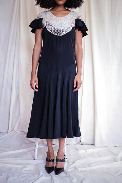 1930s Black Rayon Lace Yolk Dress