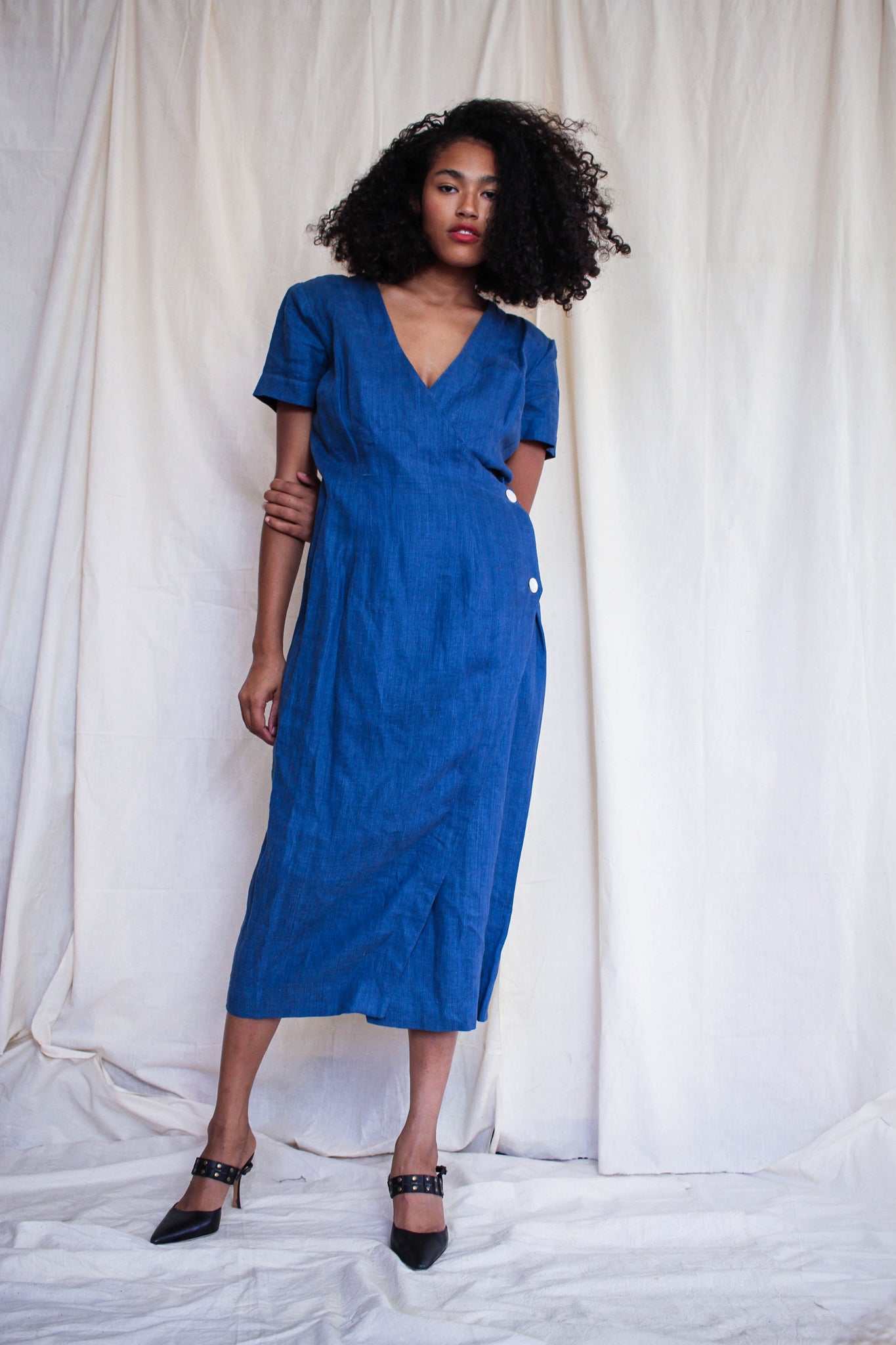 1980s Blue Linen Wrap Style Dress