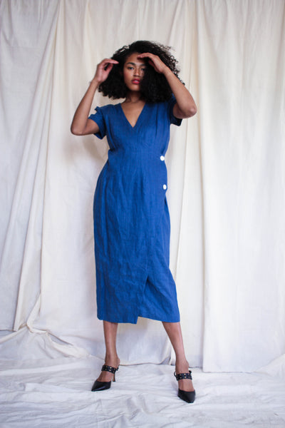 1980s Blue Linen Wrap Style Dress