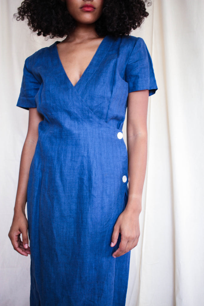 1980s Blue Linen Wrap Style Dress – Blossom Vintage