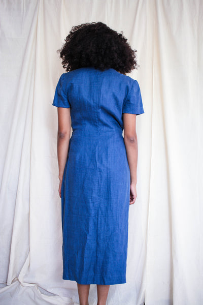 1980s Blue Linen Wrap Style Dress