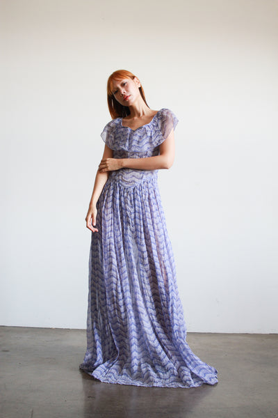 1940s Periwinkle Print Ruffled Organdy Gown