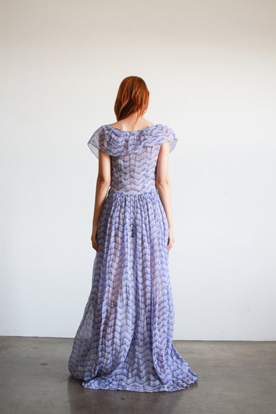 1940s Periwinkle Print Ruffled Organdy Gown