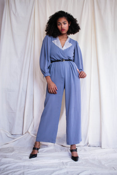 1980s Slate Grey Beaded Collar Jumpsuit