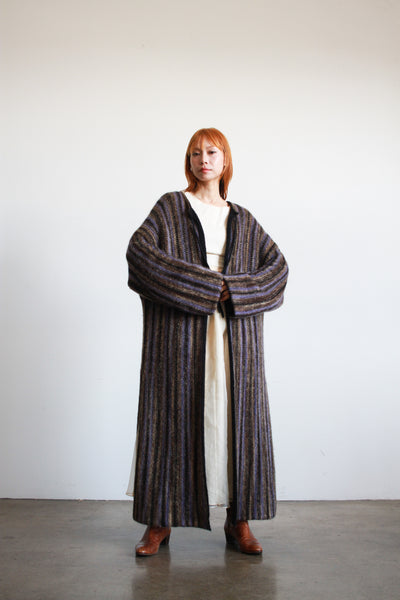 1980s Basile Eggplant Striped Knit Wool Cardigan Duster