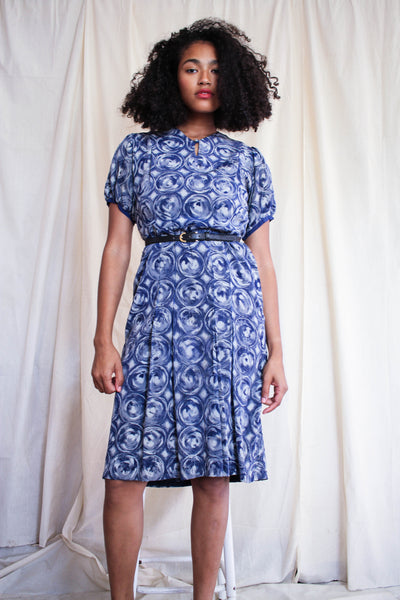 1940s Swirl Print Silk Cap Sleeve Dress