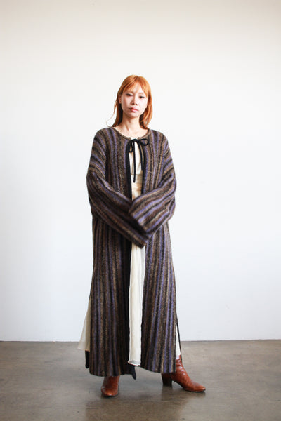 1980s Basile Eggplant Striped Knit Wool Cardigan Duster