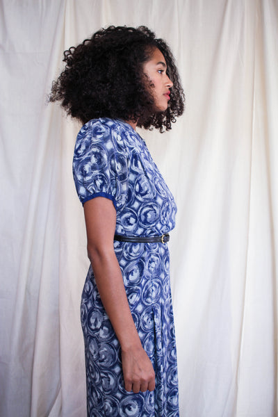 1940s Swirl Print Silk Cap Sleeve Dress