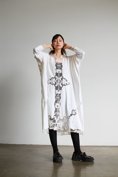 1980s White Cotton Crochet Paneled Tent Dress