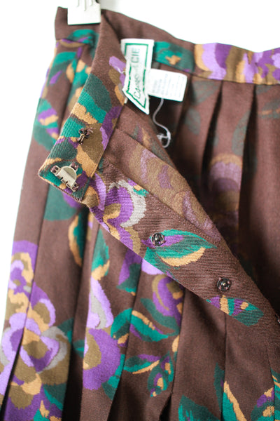 1980s Chocolate Floral Print Pleated Skirt