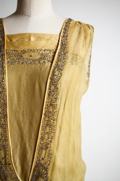 1920s Rare Mustard Chiffon Beaded Flapper Dress
