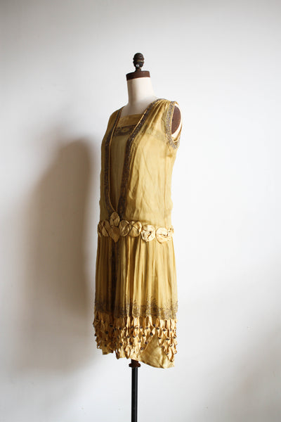 1920s Rare Mustard Chiffon Beaded Flapper Dress