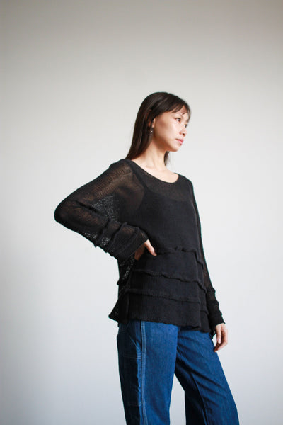 1990s Black Ruffled Long Sleeve Knit Sweater