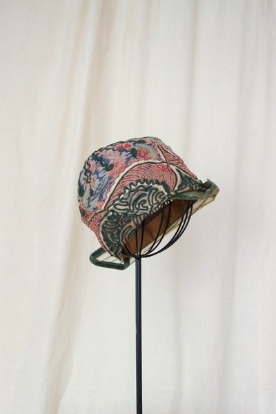 1920s Rare Pink & Green Bullion Silk Cloche Hat