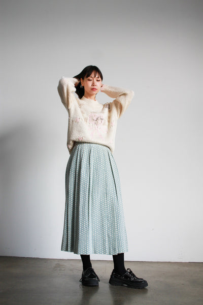 1980s Mint Spotted Print Rayon Midi Skirt