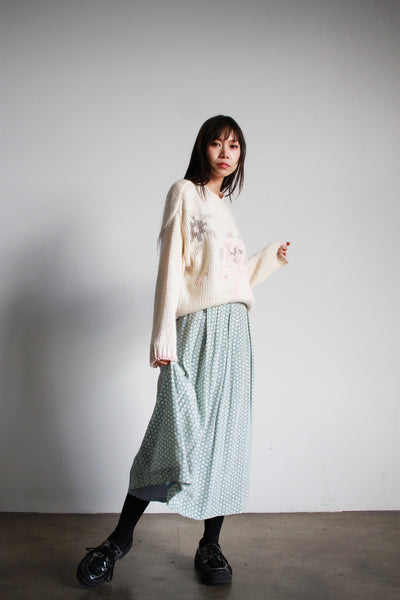 1980s Mint Spotted Print Rayon Midi Skirt