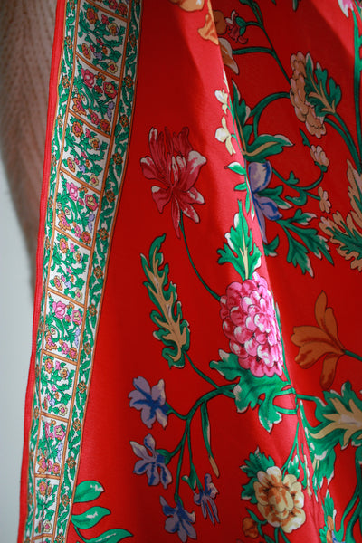 1960s Red Botanical Print Large Silk Scarf