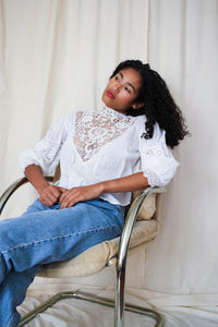Edwardian Puff Sleeve Lace Pleated Blouse