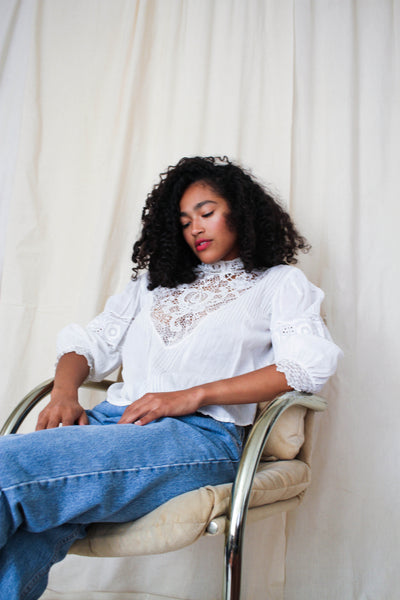 Edwardian Puff Sleeve Lace Pleated Blouse