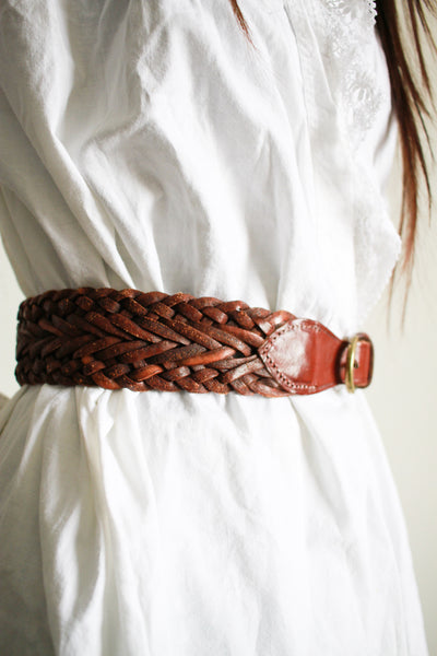 1980s Brown Leather Braided Belt