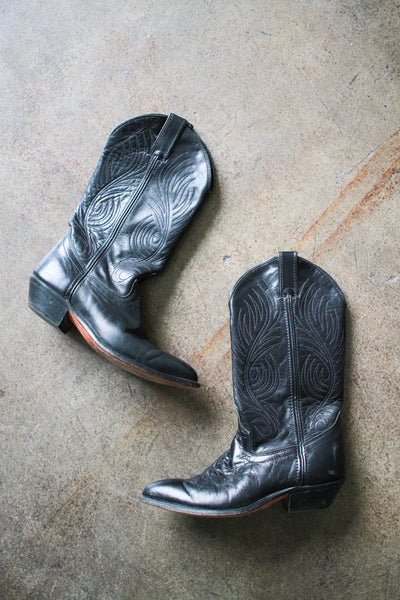 1980s Black Leather Western Cowboy Boots | 6.5