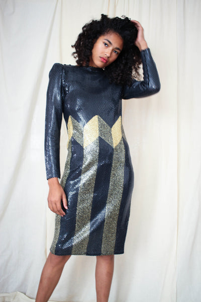 1980s St. John Knit Sequined Art Deco Party Dress