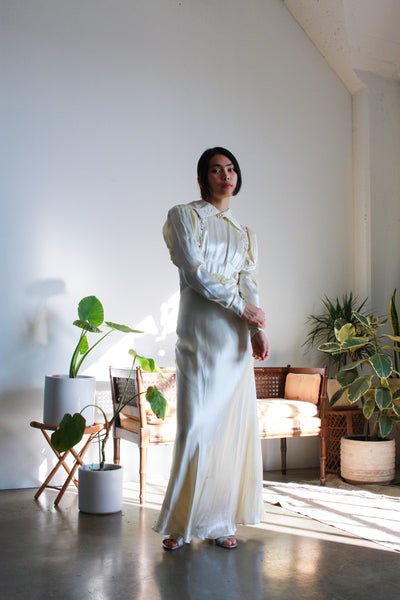 1930s Cream Liquid Satin Bias Puff Sleeve Gown