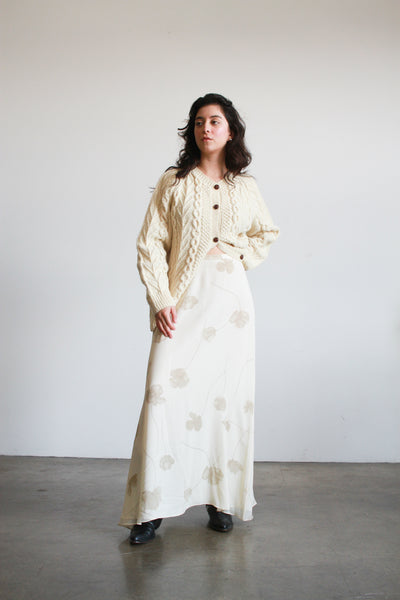 1990s Oscar Ecru Silk Floral Print Bias Skirt