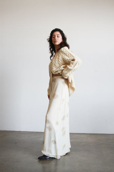 1990s Oscar Ecru Silk Floral Print Bias Skirt
