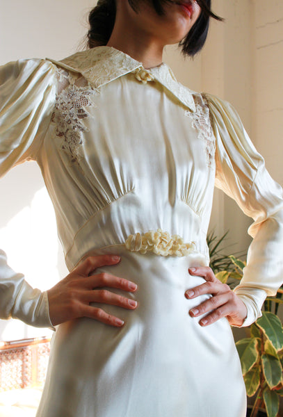 1930s Cream Liquid Satin Bias Puff Sleeve Gown