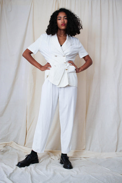 1990s White Striped Rayon Suit