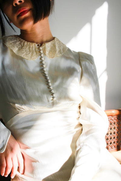 1940s Cream Liquid Satin Puff Sleeve Wedding Gown