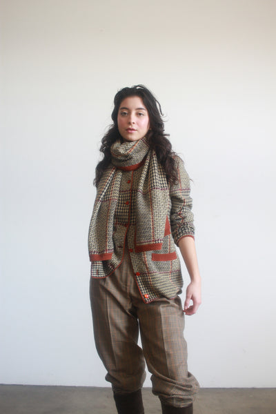 1980s Houndstooth Wool Cardigan Scarf Set