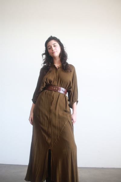 1980s Laise Adzer Olive Button Up Dress