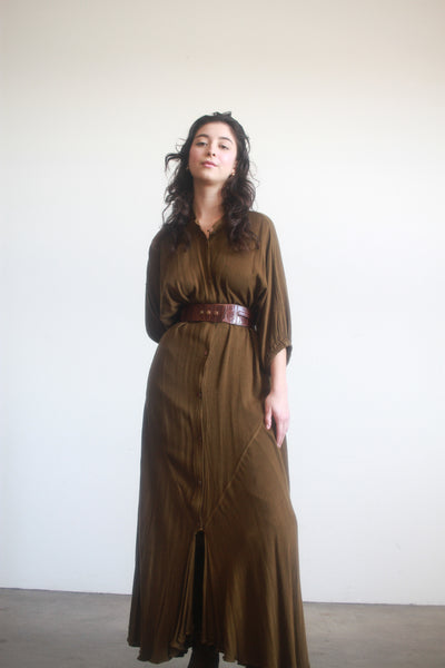 1980s Laise Adzer Olive Button Up Dress