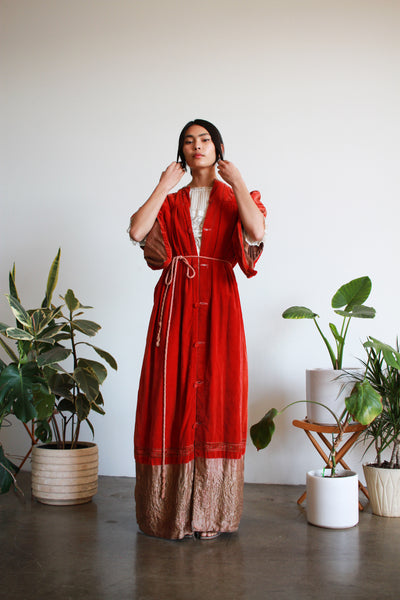 1930s Crimson Red Velvet Gold Lamé Trim Robe