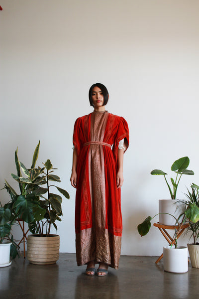 1930s Crimson Red Velvet Gold Lamé Trim Robe