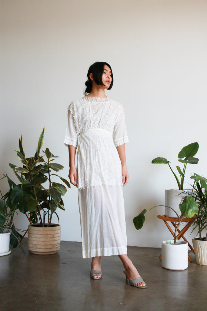 Edwardian White Cotton Voile Layered Lace Lawn Dress Edwardian White Cotton Voile Layered Lace Lawn Dress