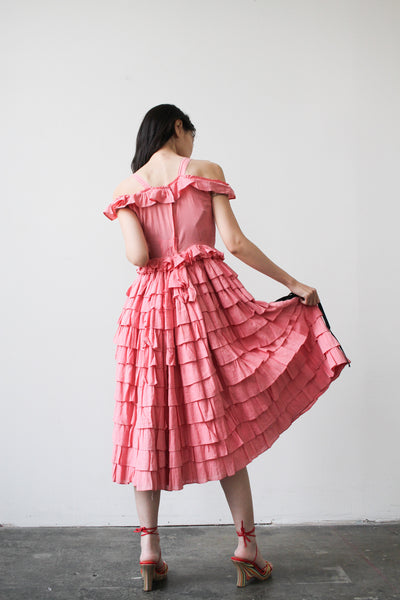 1920s Pink Tiered Ruffled Cotton Dress