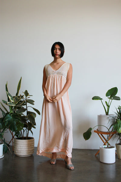 Antique Pale Pink Silk Crochet Bodice Slip Dress