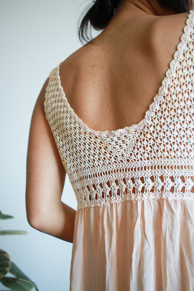 Antique Pale Pink Silk Crochet Bodice Slip Dress