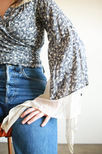 1970s Silk Chiffon Print Angle Sleeve Blouse