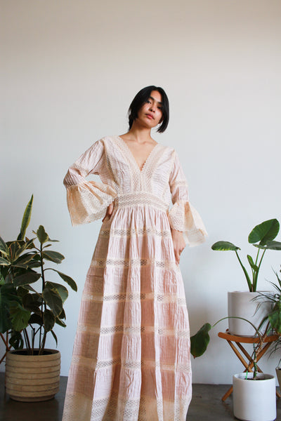1970s Blush Cotton Mexican Wedding Dress
