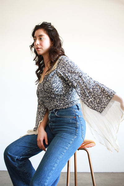 1970s Silk Chiffon Print Angle Sleeve Blouse