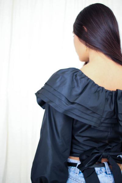 1980s Black Taffeta Ruffled Blouse