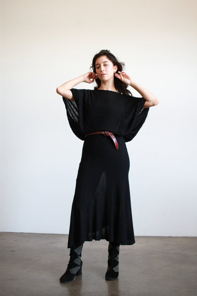 1980s Black Knit Stretch Batwing Dress