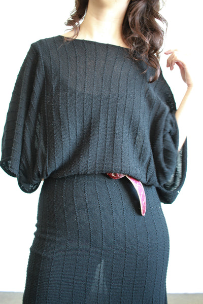1980s Black Knit Stretch Batwing Dress