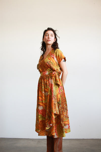 1980s Rayon Tropical Print Wrap Dress