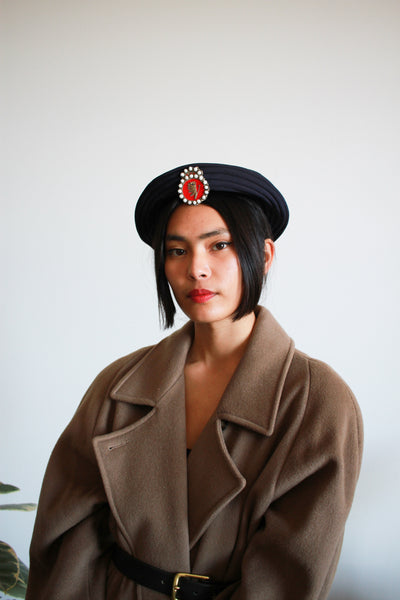 1980s Navy Pleated Rayon Beret