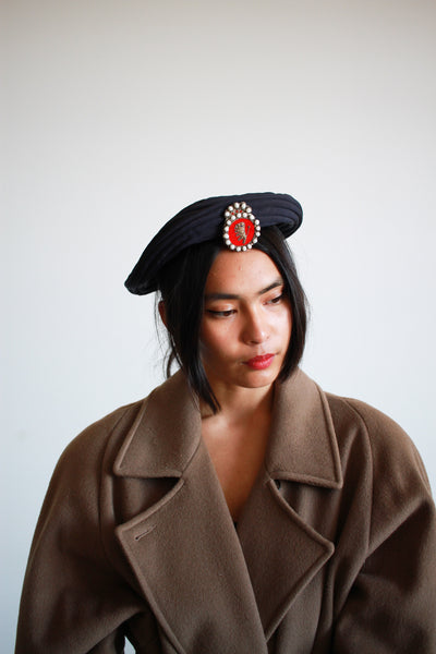 1980s Navy Pleated Rayon Beret